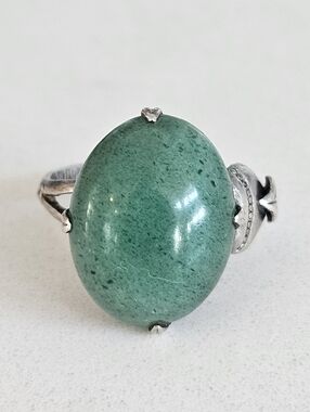Rare Antique Chinese Export Sterling Silver Green Quartzite Cabochon Ring Sz6.75